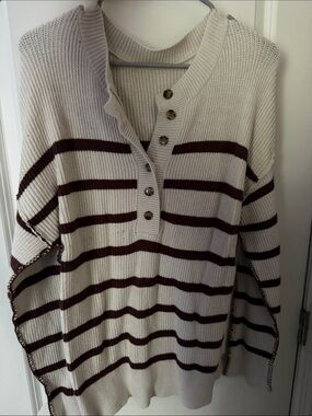 Striped Cream and Brown Button Henley Sweater